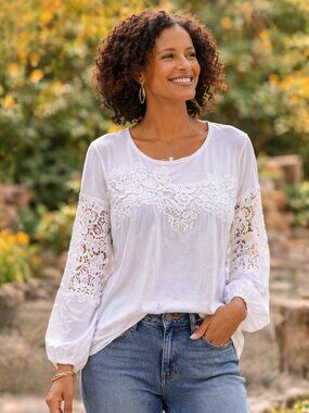 Sundance White Lace Sleeve Boho Blouse Cotton